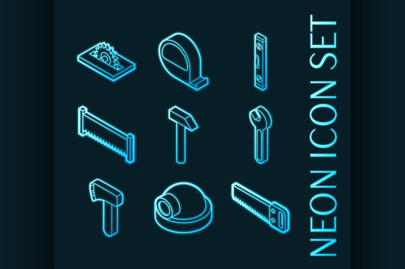 work-shop-set-icons-blue-glowing-neon-style