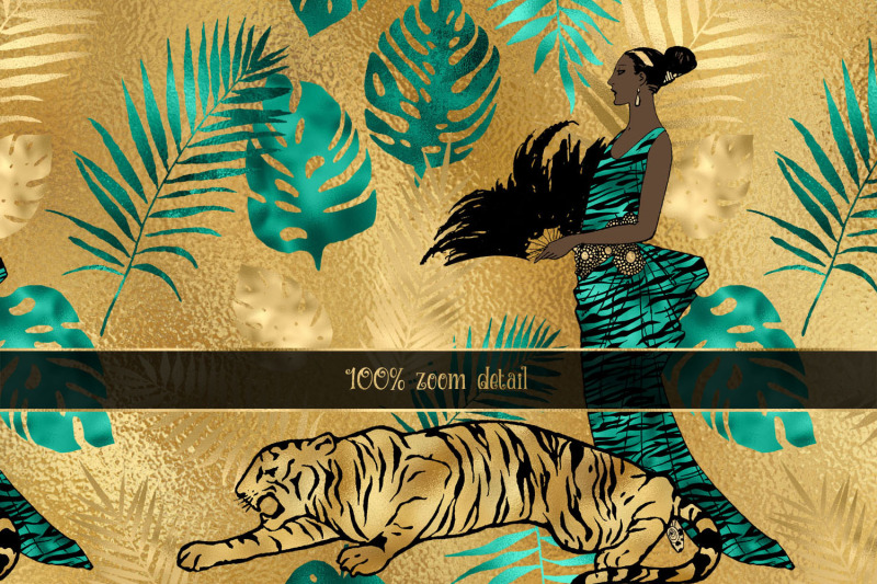 teal-and-gold-tiger-digital-paper