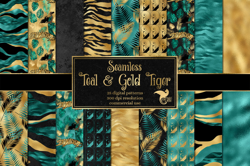 teal-and-gold-tiger-digital-paper