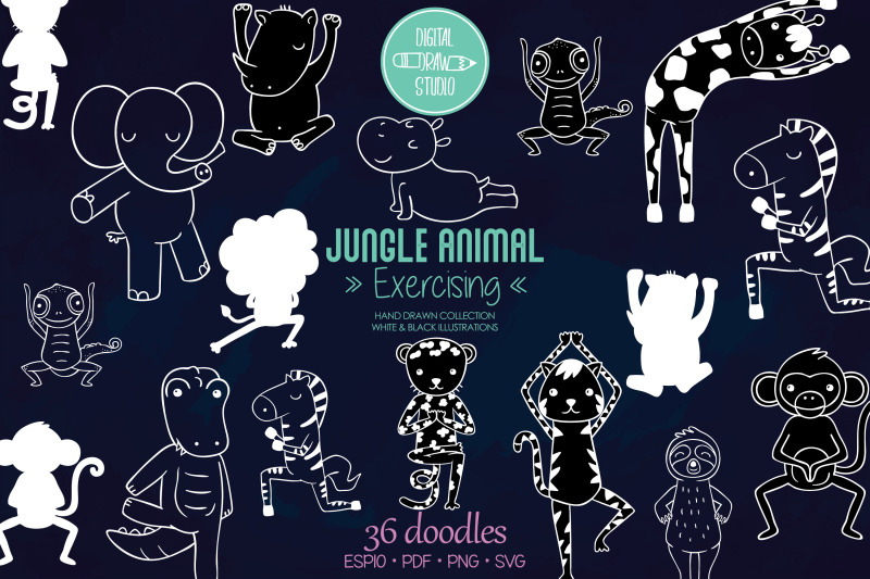 jungle-animal-white-hand-drawn-exercising-characters