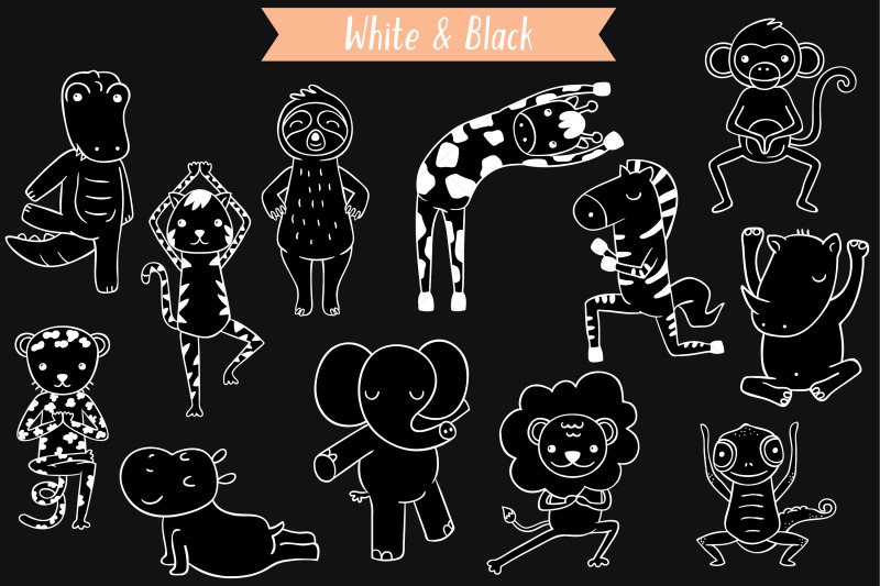 jungle-animal-white-hand-drawn-exercising-characters