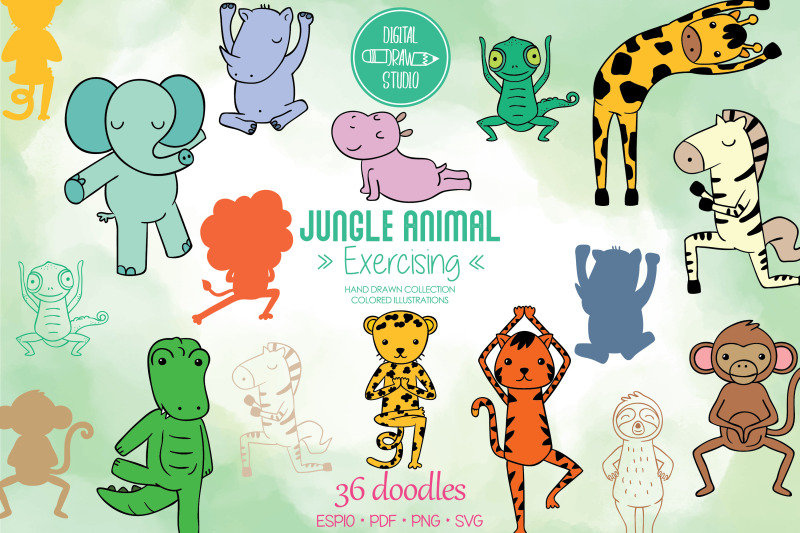 jungle-animal-color-hand-drawn-exercising-characters