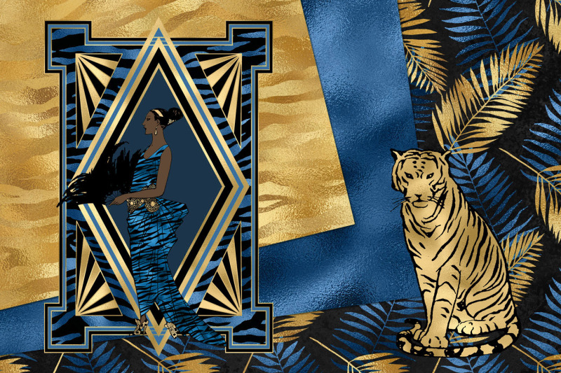 blue-and-gold-tiger-digital-paper