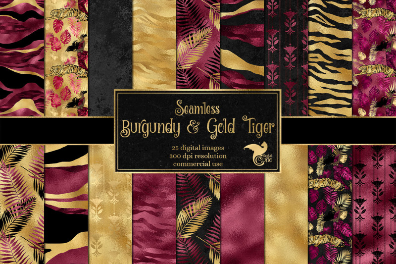burgundy-and-gold-tiger-digital-paper