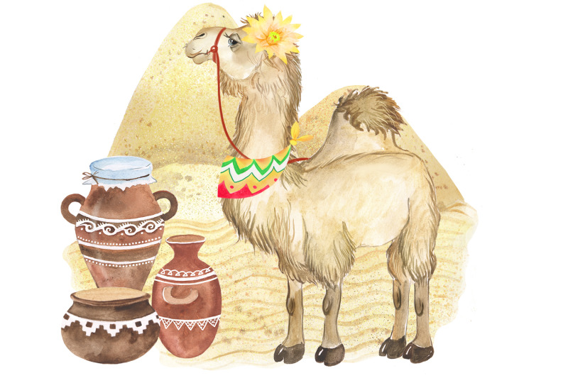 camel-watercolor-clipart-desert-animals-flowering-cacti-camel