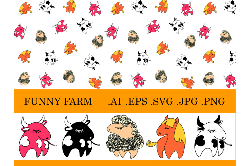 funny-farm-set-pattern-and-illustrations