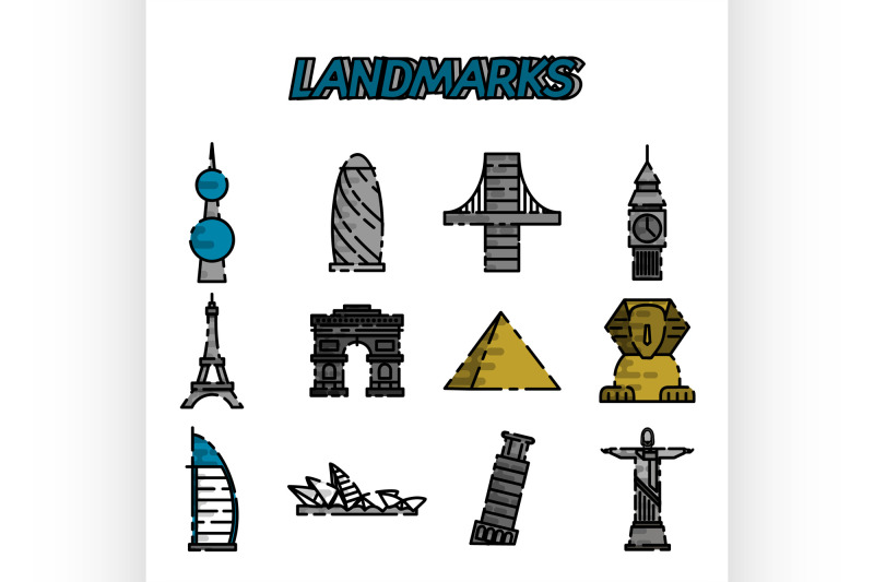 world-landmarks-flat-icons-set