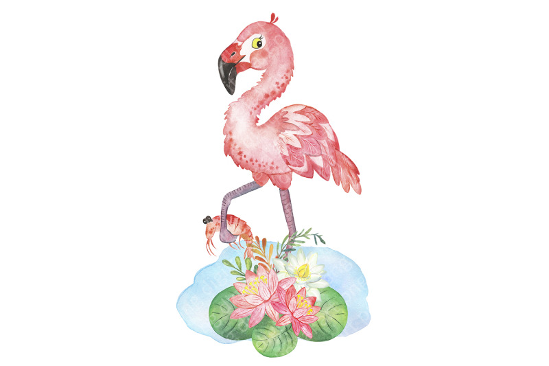tropical-flamingo-clipart-watercolor-pink-flamingo-flowers-summer
