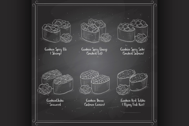 types-of-gunkan-sushi-on-a-blackboard