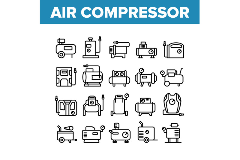 air-compressor-device-collection-icons-set-vector