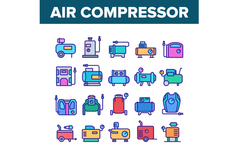 air-compressor-device-collection-icons-set-vector