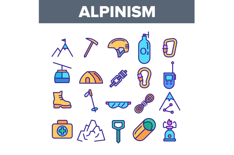 color-alpinism-and-mountaineering-equipment-vector-linear-icons-set