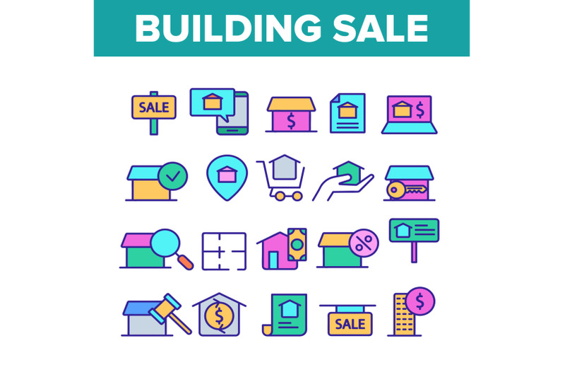 color-buildings-for-sale-vector-linear-icons-set