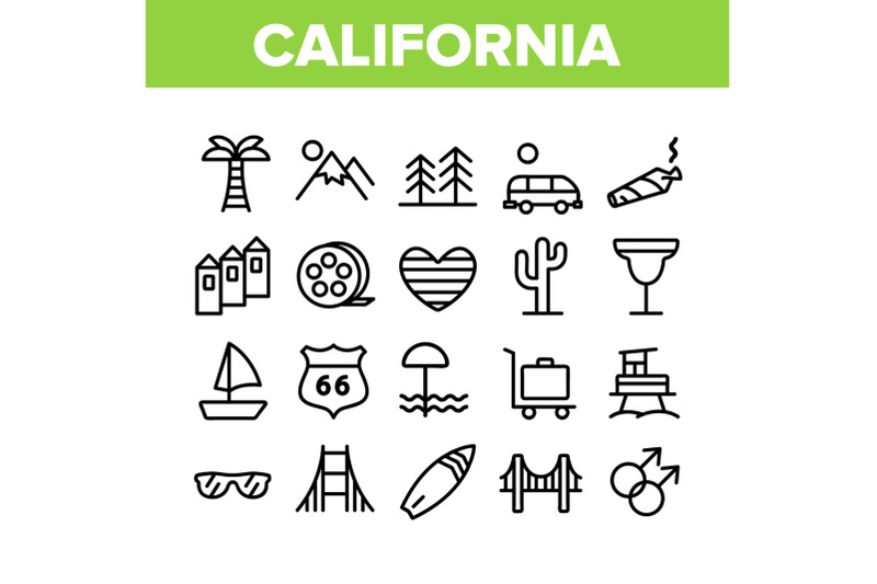 california-collection-elements-icons-set-vector