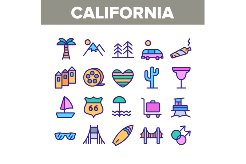 california-collection-elements-icons-set-vector