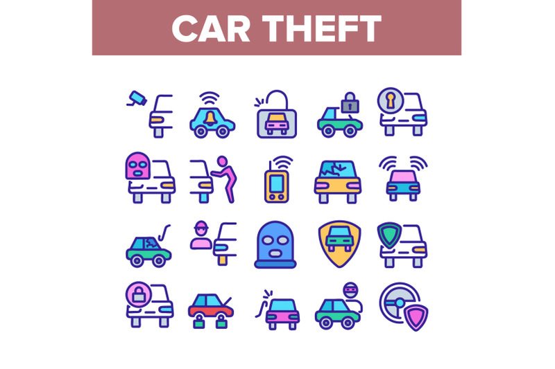 car-theft-collection-elements-icons-set-vector