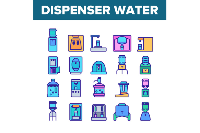 dispenser-water-tool-collection-icons-set-vector