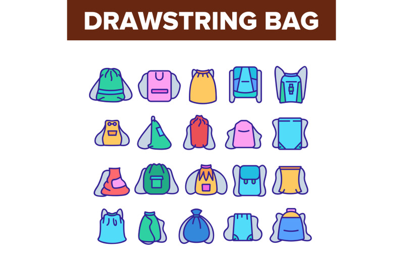 drawstring-bag-travel-accessory-icons-set-vector