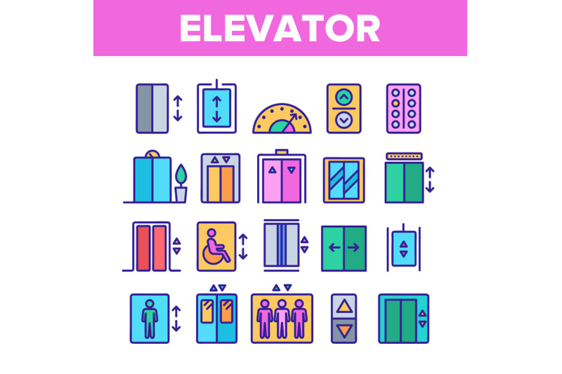 color-passenger-elevator-lift-vector-linear-icons-set