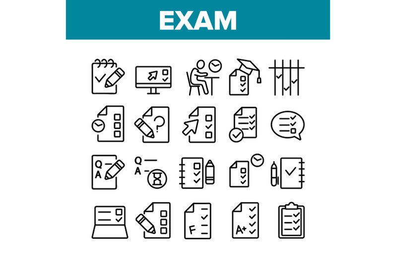 exam-test-collection-elements-icons-set-vector