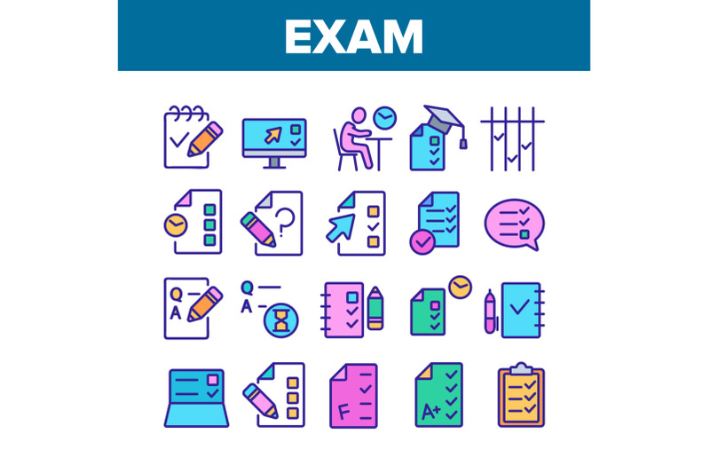 exam-test-collection-elements-icons-set-vector