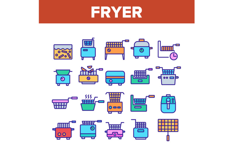 fryer-electronic-tool-collection-icons-set-vector