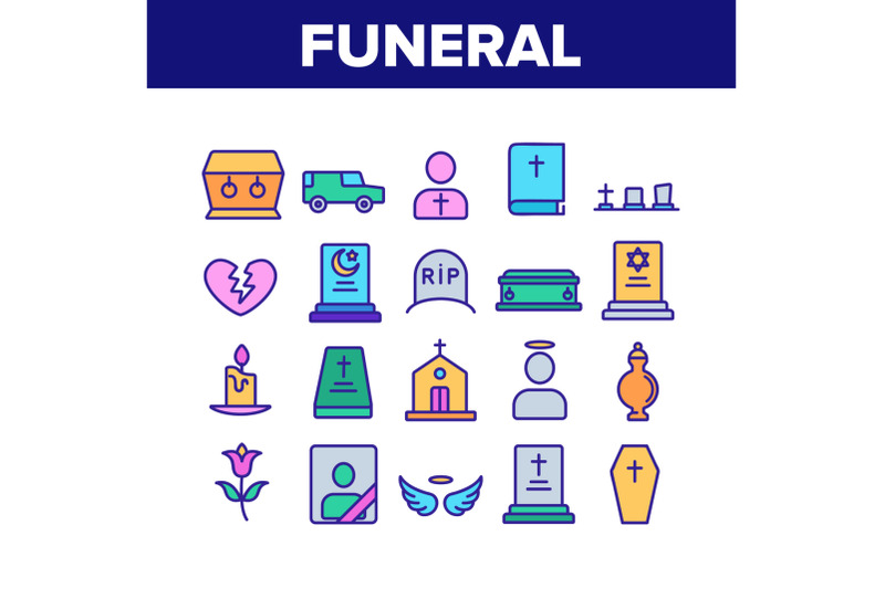 funeral-burial-ritual-collection-icons-set-vector