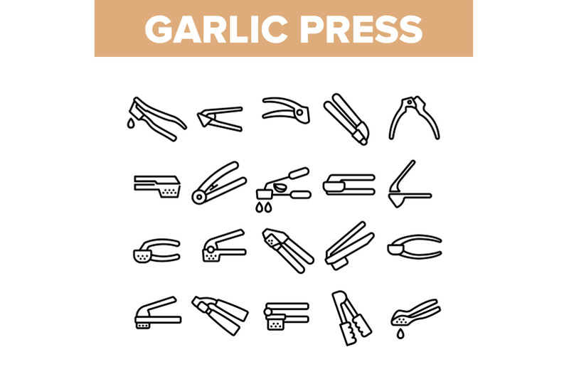 garlic-press-utensil-collection-icons-set-vector