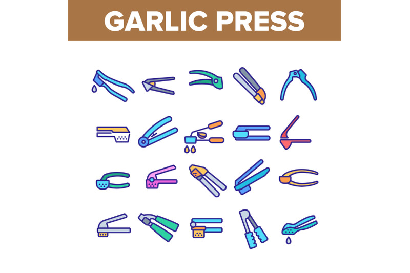 garlic-press-utensil-collection-icons-set-vector