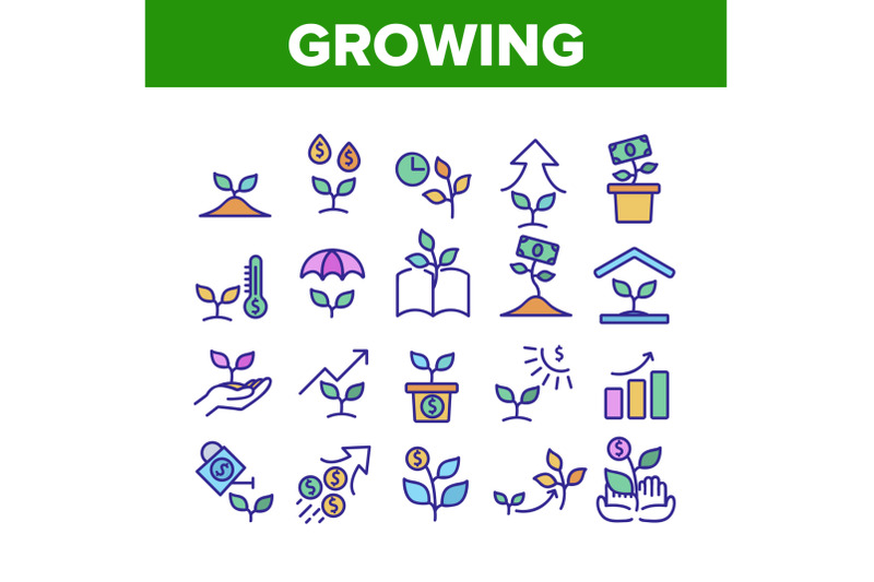 growing-money-plant-collection-icons-set-vector