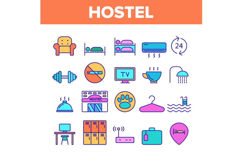 color-hostel-tourist-accommodation-vector-linear-icons-set