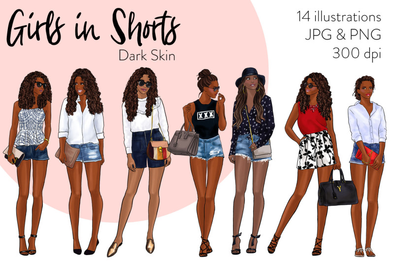 watercolor-fashion-clipart-girls-in-shorts-dark-skin
