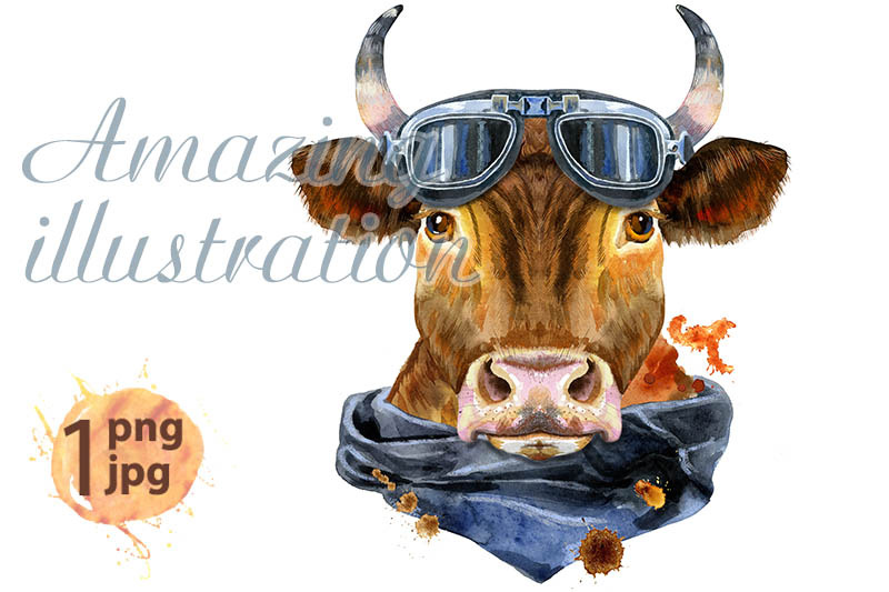 watercolor-illustration-of-a-red-bull-with-biker-sunglasses