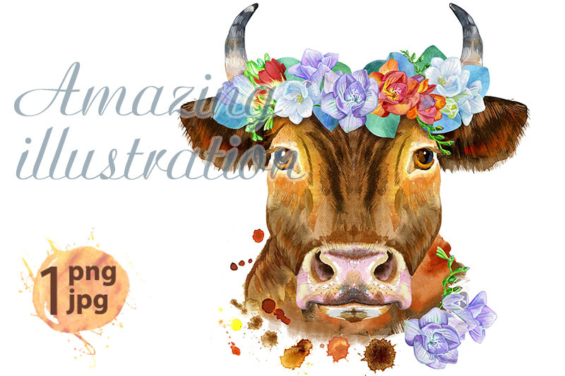 watercolor-illustration-of-a-red-bull-in-wreath-of-freesia