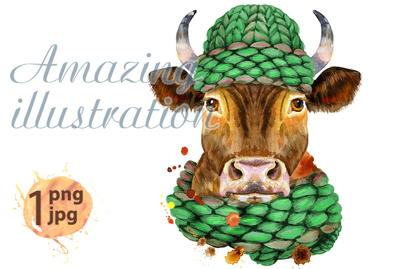 watercolor-illustration-of-a-red-bull-in-knitted-green-hat