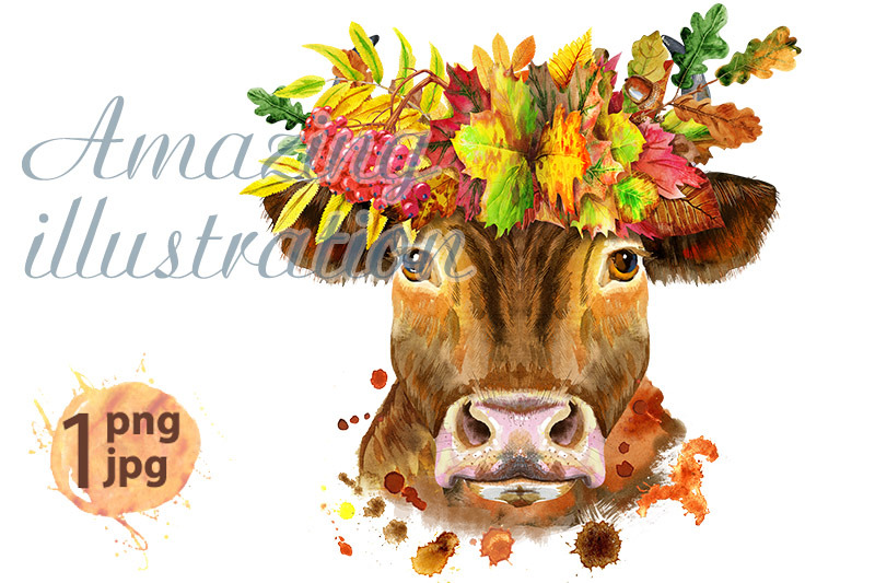 watercolor-illustration-of-a-red-bull-in-wreath-of-autumn-leaves