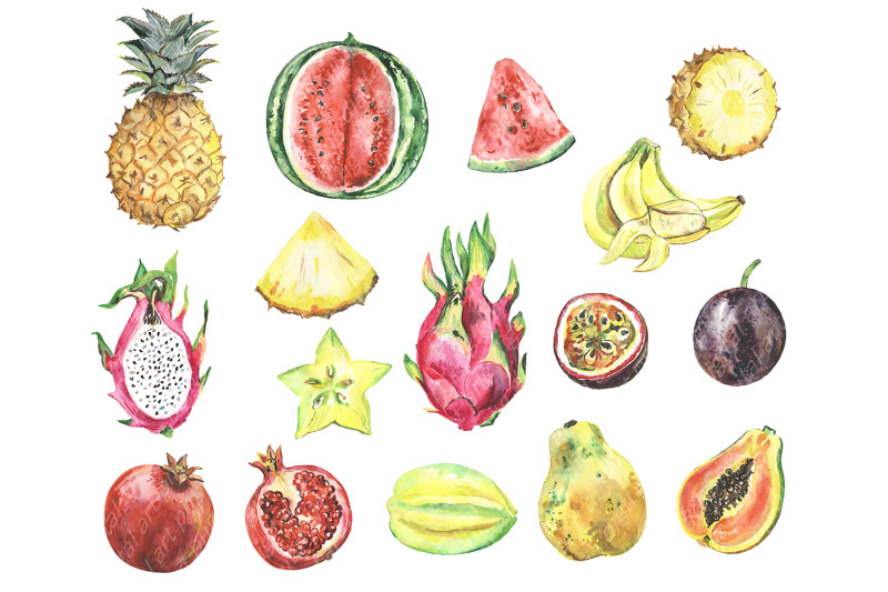 watercolor-tropical-fruit-clipart-summer-clip-art-fruit-set