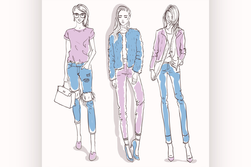 set-with-color-scetch-of-trendy-girls