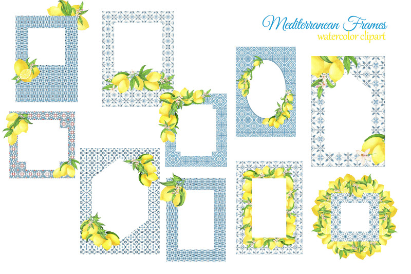 watercolor-mediterranean-tiles-frame-with-lemons