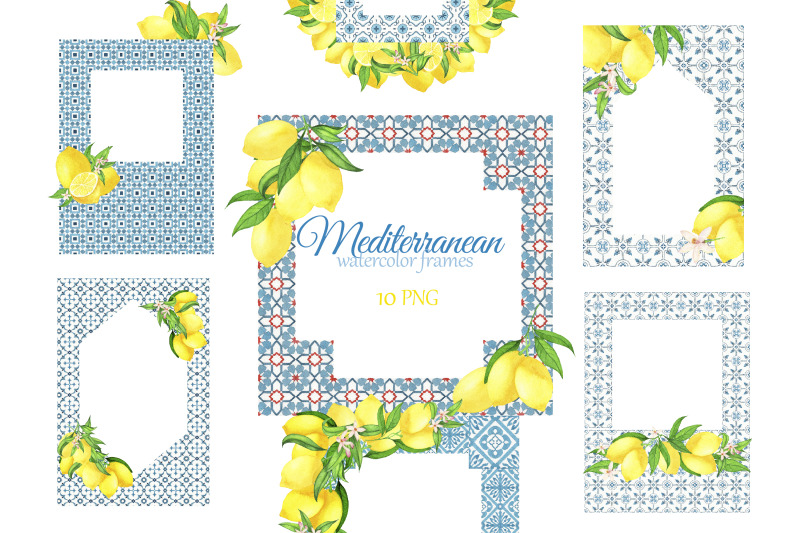 watercolor-mediterranean-tiles-frame-with-lemons