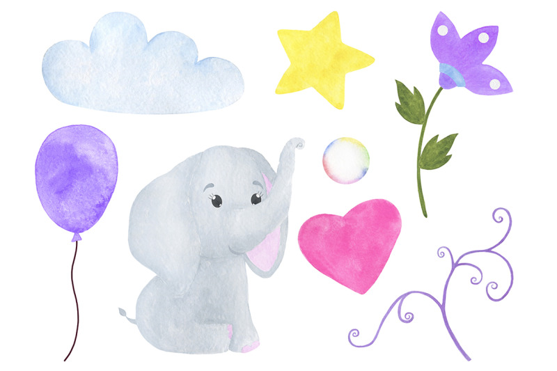 set-of-illustrations-of-a-cute-little-watercolor-elephant