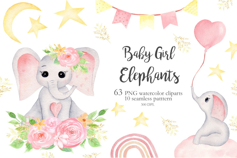 watercolor-baby-girl-elephants-collection