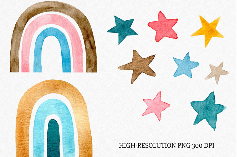 watercolor-rainbow-and-stars-clipart-and-seamless-pattern