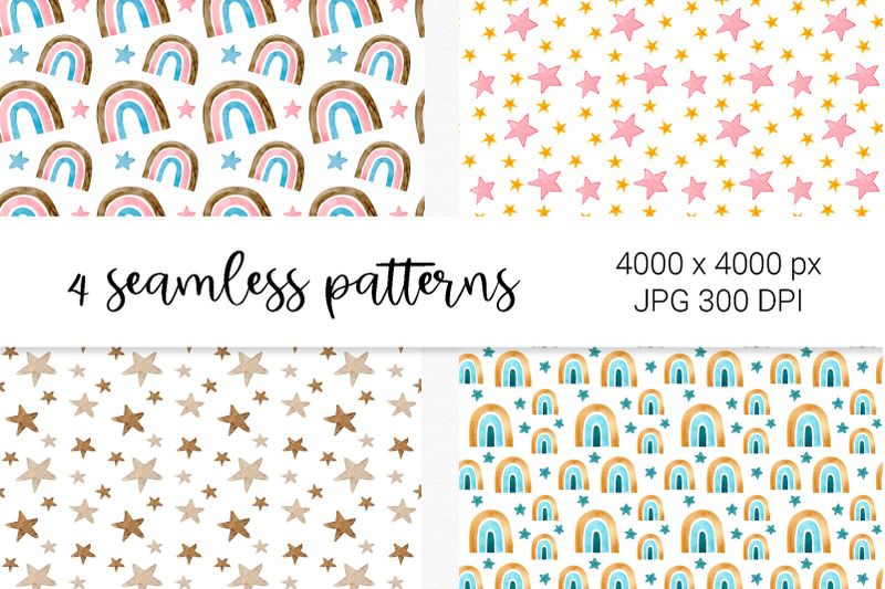 watercolor-rainbow-and-stars-clipart-and-seamless-pattern