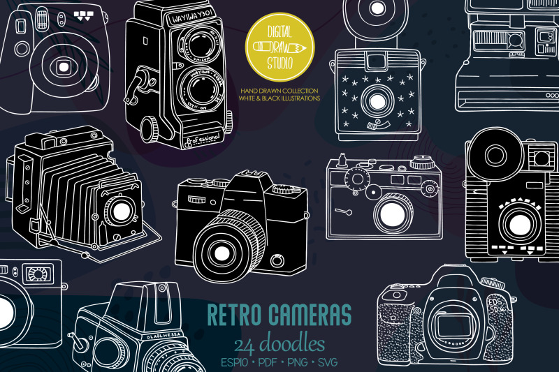 vintage-cameras-white-hand-drawn-polaroid-picture-retro-video