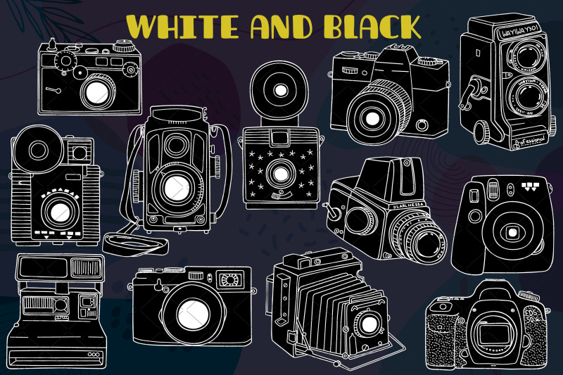 vintage-cameras-white-hand-drawn-polaroid-picture-retro-video