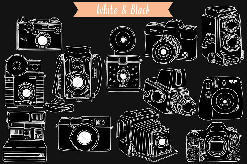 vintage-cameras-white-hand-drawn-polaroid-picture-retro-video