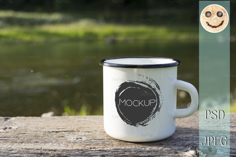 Download White campfire enamel mug mockup with sun beams. By ...