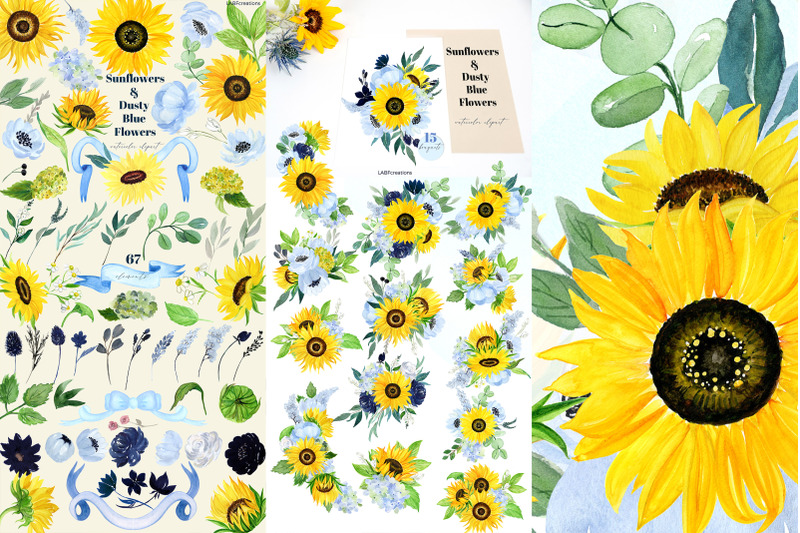 Sunflowers & Dusty Blue Flowers. Watercolor Clipart. Boho By