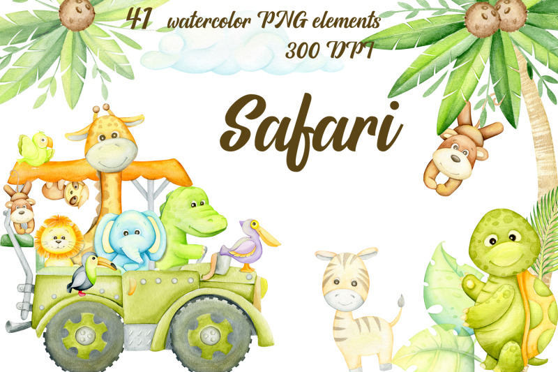 safari-watercolor-clipart-elephant-giraffe-crocodile-sloth-monkey